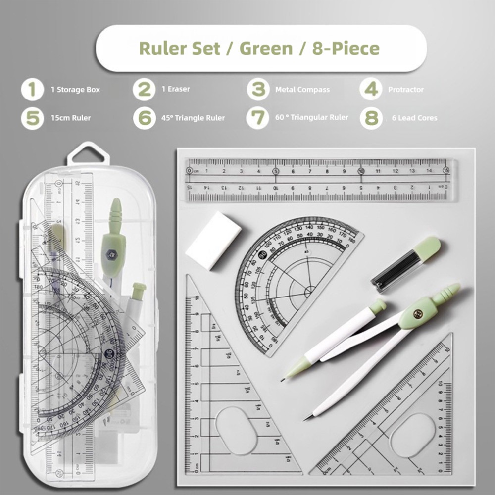 Compass Geometry Set - 8PCS/Set Plastic Ruler Compasses Set Eraser